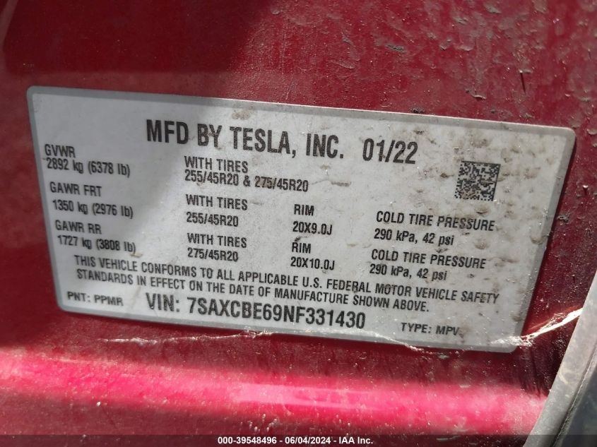 2022 Tesla Model X Plaid Tri Motor All-Wheel Drive VIN: 7SAXCBE69NF331430 Lot: 39548496