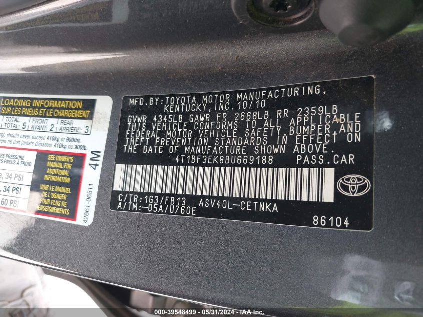 4T1BF3EK8BU669188 2011 Toyota Camry Le