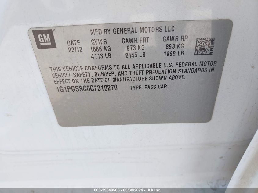 2012 Chevrolet Cruze 2Lt VIN: 1G1PG5SC6C7310270 Lot: 39548505