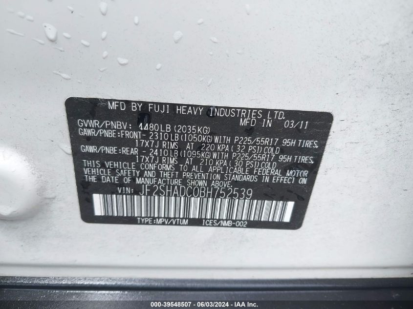 2011 Subaru Forester 2.5X Premium VIN: JF2SHADC0BH752539 Lot: 39548507
