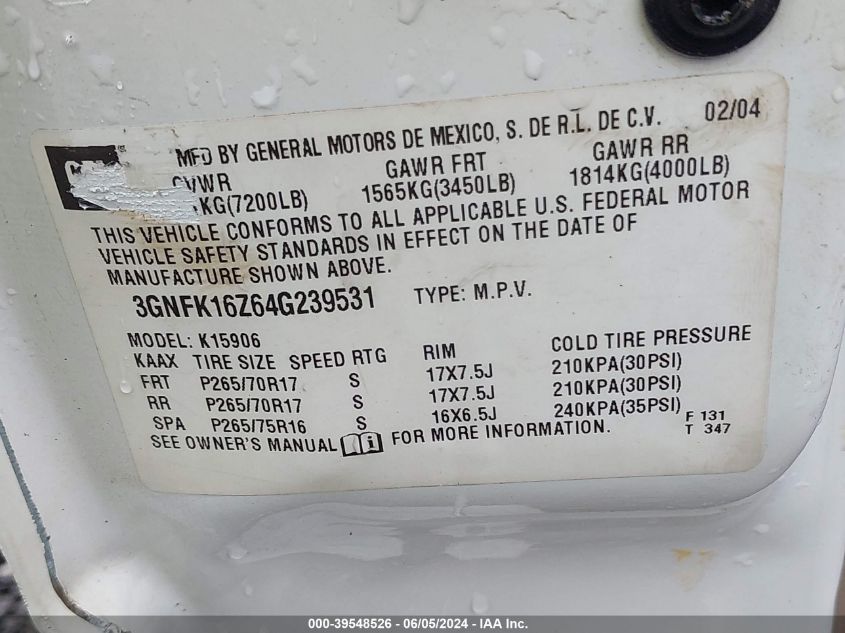 3GNFK16Z64G239531 2004 Chevrolet Suburban 1500 Z71