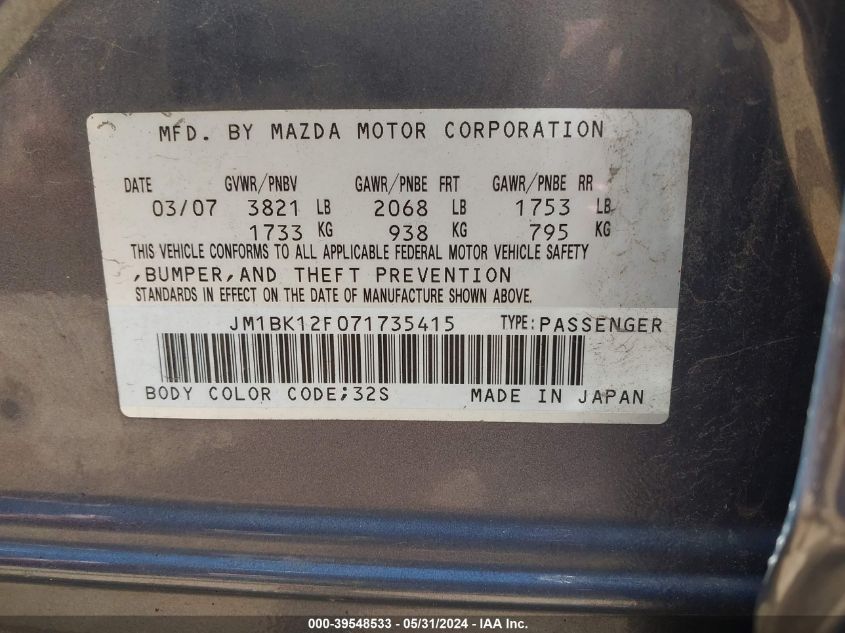 2007 Mazda Mazda3 I VIN: JM1BK12F071735415 Lot: 39548533