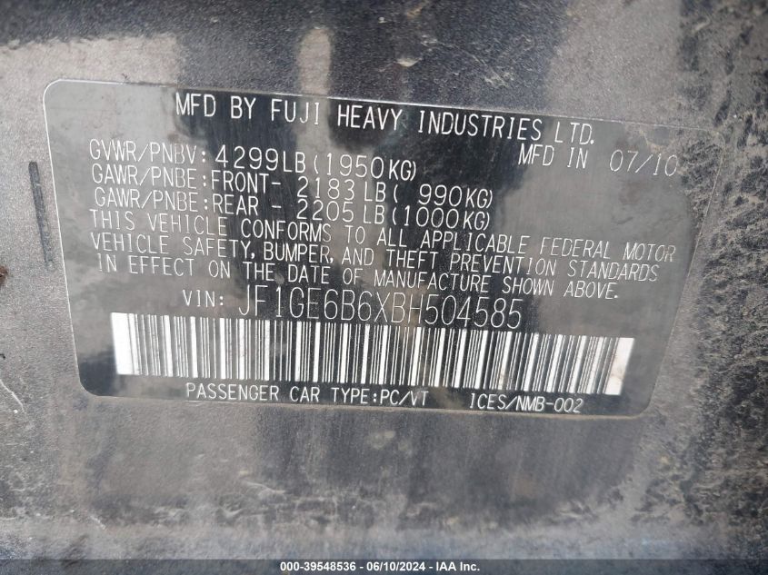 2011 Subaru Impreza 2.5I Premium VIN: JF1GE6B6XBH504585 Lot: 39548536