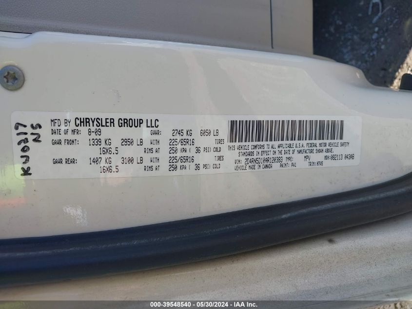 2010 Dodge Grand Caravan Sxt VIN: 2D4RN5D10AR120383 Lot: 39548540