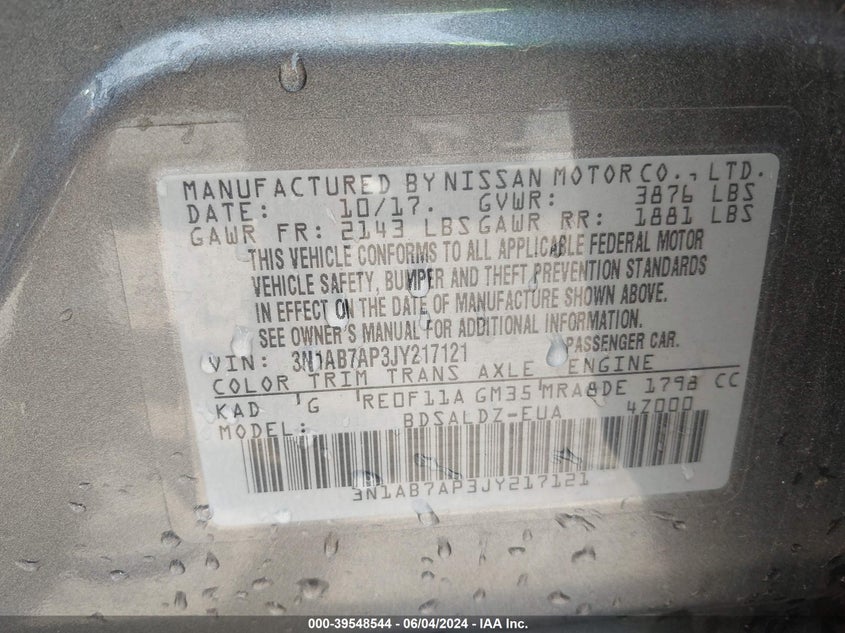 2018 Nissan Sentra Sv VIN: 3N1AB7AP3JY217121 Lot: 39548544