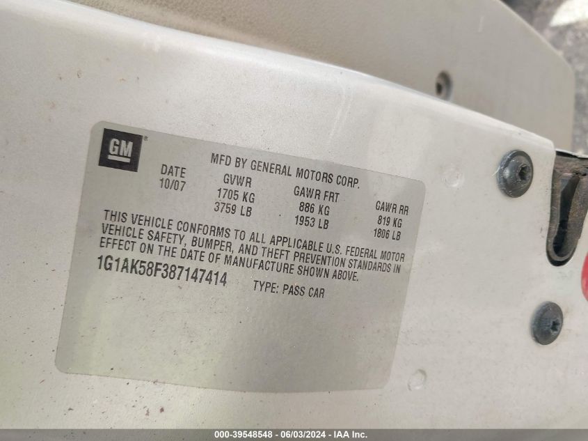 2008 Chevrolet Cobalt Ls VIN: 1G1AK58F387147414 Lot: 39548548