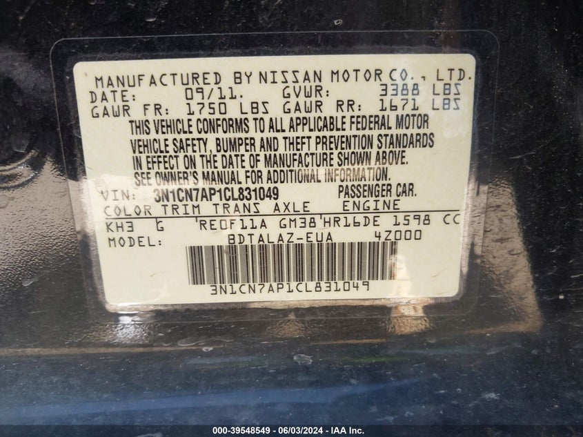 2012 Nissan Versa 1.6 S VIN: 3N1CN7AP1CL831049 Lot: 39548549