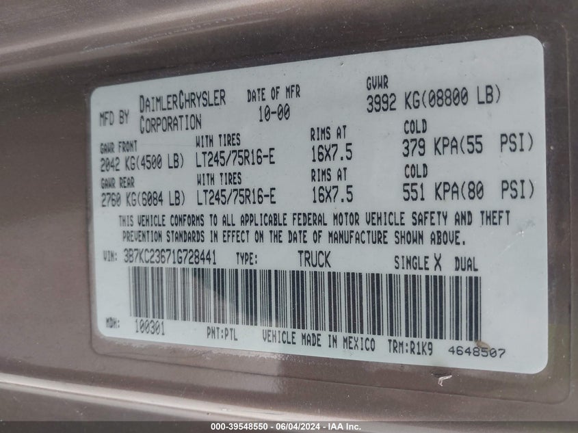 2001 Dodge Ram 2500 St VIN: 3B7KC23671G728441 Lot: 39548550