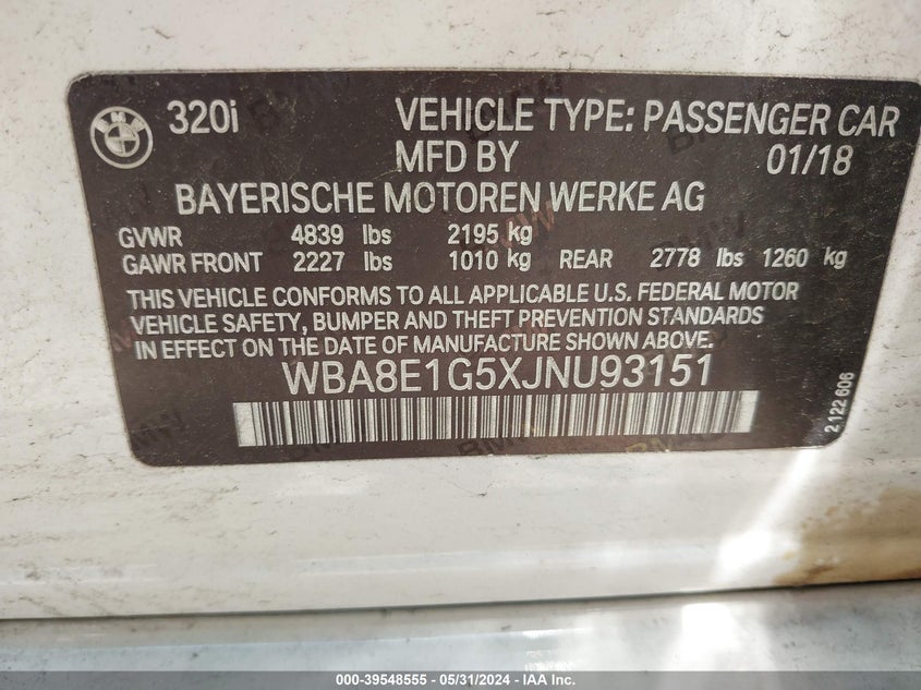 2018 BMW 320I - WBA8E1G5XJNU93151