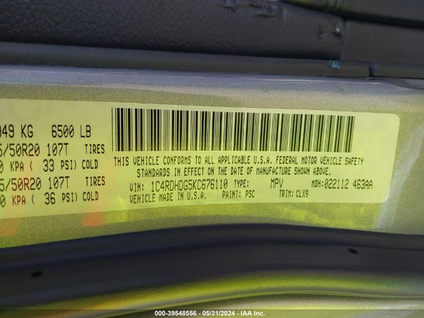 2019 Dodge Durango Gt Rwd VIN: 1C4RDHDG5KC676110 Lot: 39548556