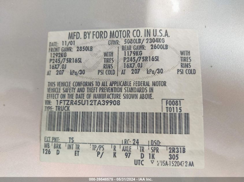 2002 Ford Ranger Edge/Xlt VIN: 1FTZR45U12TA39908 Lot: 39548575