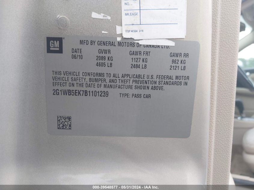2011 Chevrolet Impala Lt VIN: 2G1WB5EK7B1101239 Lot: 39548577
