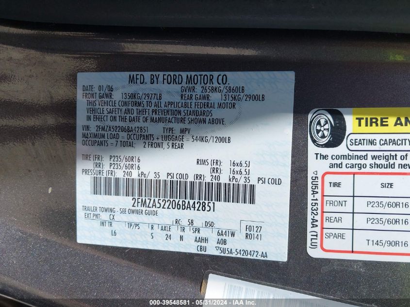 2006 Ford Freestar Sel VIN: 2FMZA52206BA42851 Lot: 39548581