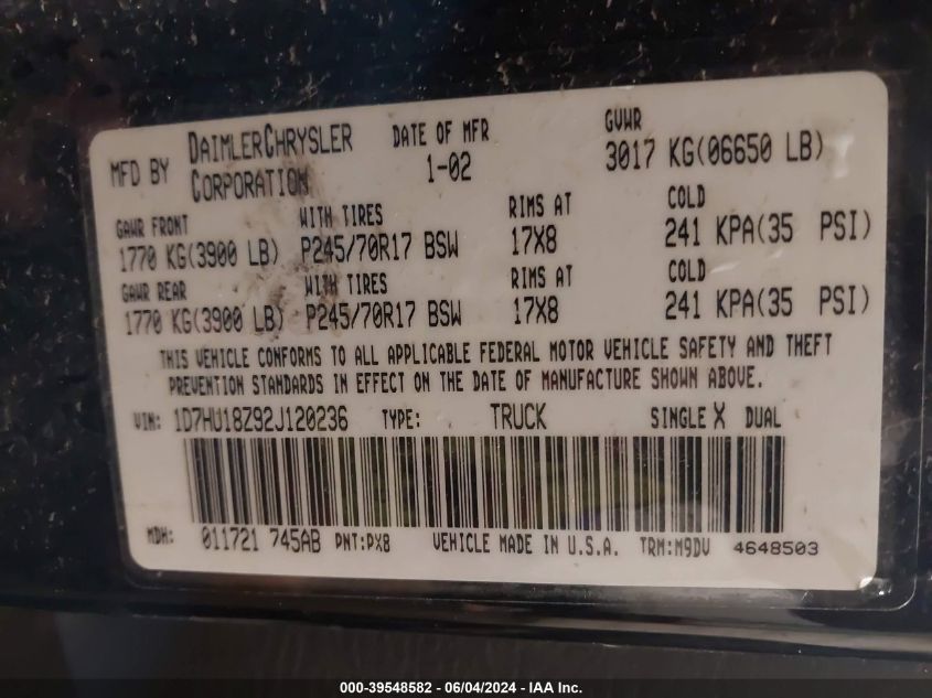 2002 Dodge Ram 1500 St VIN: 1D7HU18Z92J120236 Lot: 39548582