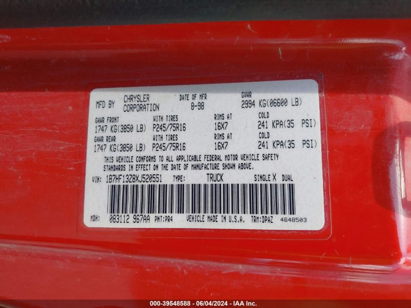 1999 Dodge Ram 1500 St VIN: 1B7HF13Z8XJ520551 Lot: 39548588