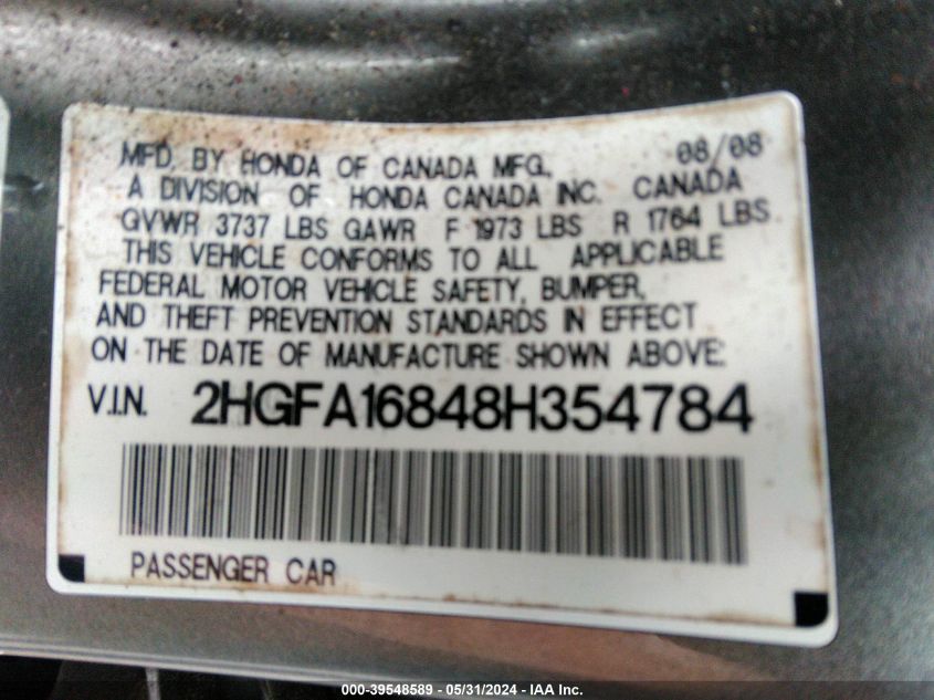 2008 Honda Civic Ex VIN: 2HGFA16848H354784 Lot: 39548589