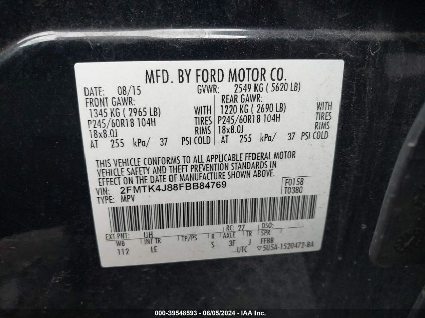 2015 Ford Edge Sel VIN: 2FMTK4J88FBB84769 Lot: 39548593