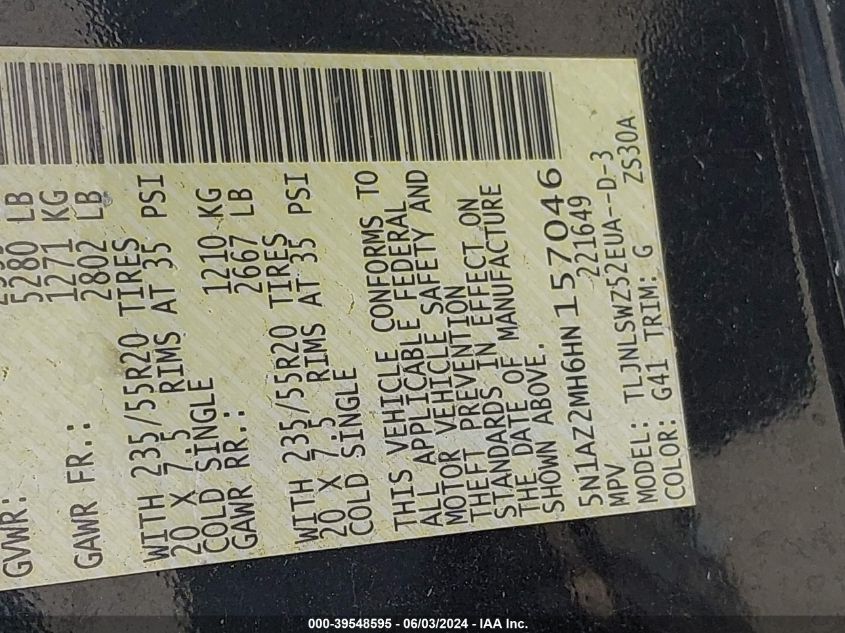 2017 Nissan Murano Platinum VIN: 5N1AZ2MH6HN157046 Lot: 39548595