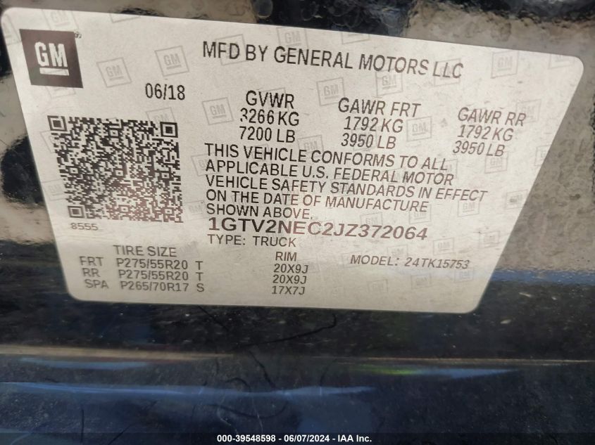 2018 GMC Sierra 1500 Slt VIN: 1GTV2NEC2JZ372064 Lot: 39548598