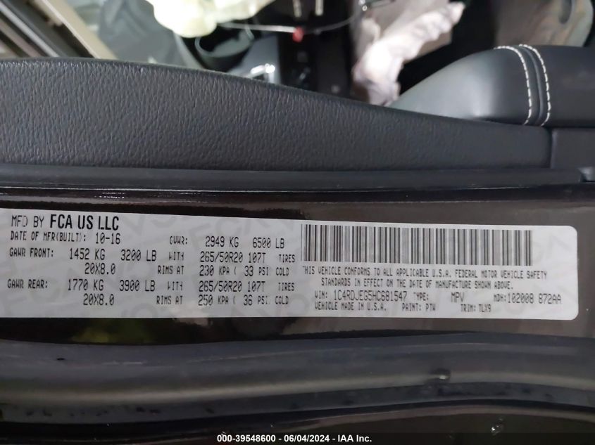 2017 Dodge Durango Citadel Anodized Platinum Awd VIN: 1C4RDJEG5HC681547 Lot: 39548600