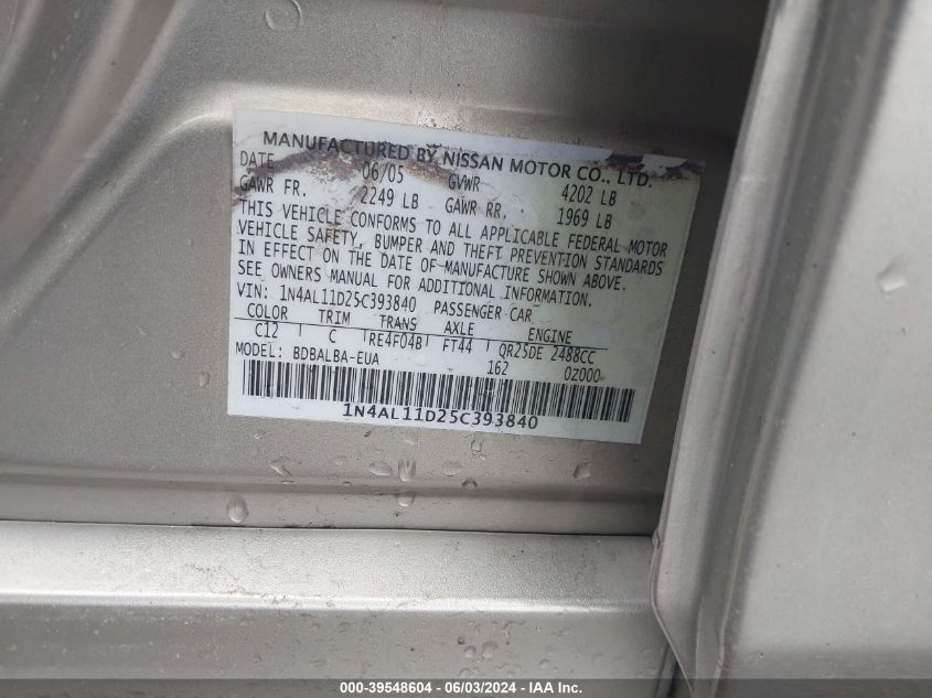 2005 Nissan Altima 2.5 S VIN: 1N4AL11D25C393840 Lot: 39548604