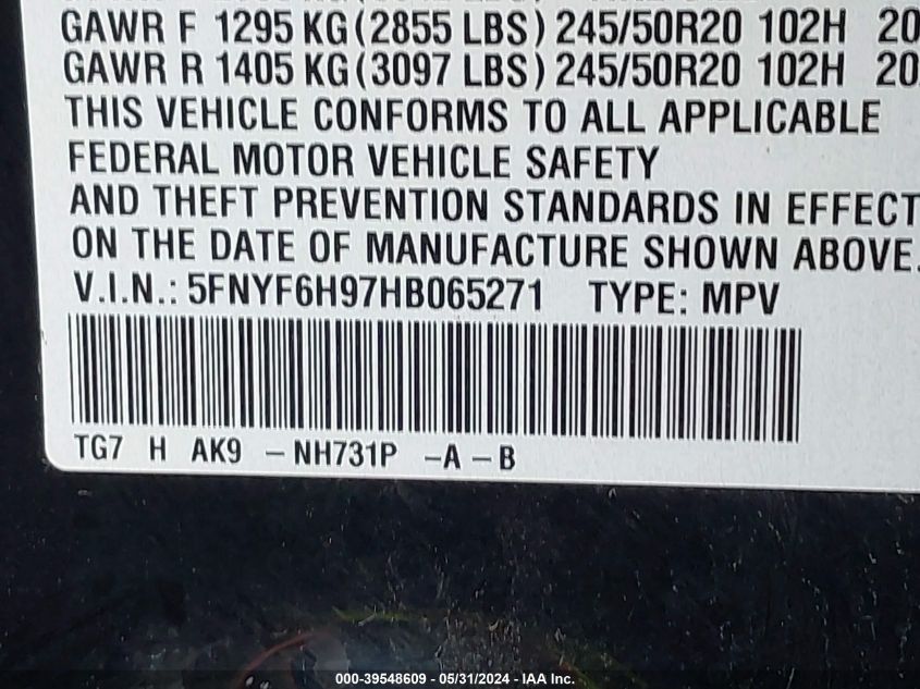 2017 Honda Pilot Touring VIN: 5FNYF6H97HB065271 Lot: 39548609