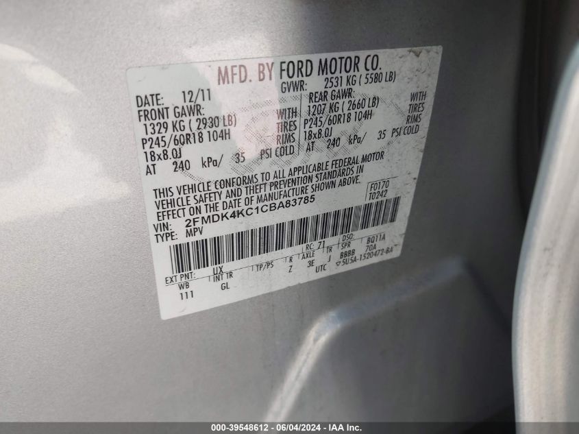 2012 Ford Edge Limited VIN: 2FMDK4KC1CBA83785 Lot: 39548612