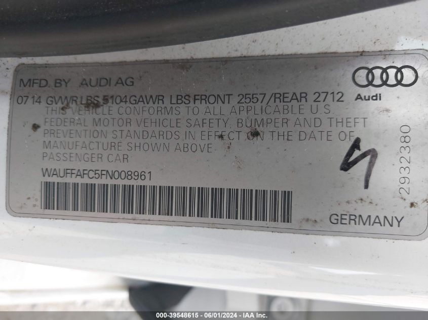 2015 Audi A6 2.0T Premium VIN: WAUFFAFC5FN008961 Lot: 39548615