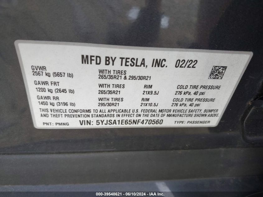 2022 Tesla Model S Plaid VIN: 5YJSA1E65NF470560 Lot: 39548621