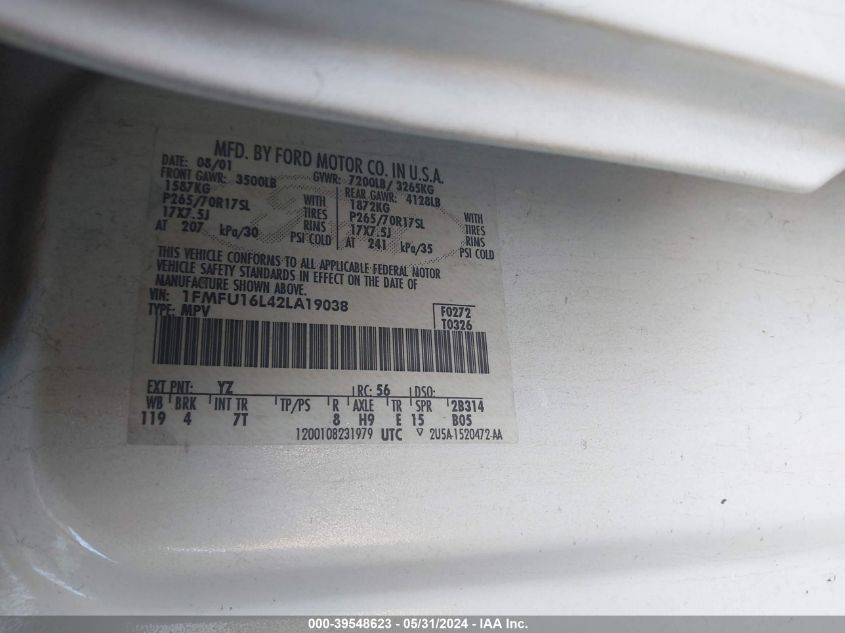 2002 Ford Expedition Xlt VIN: 1FMFU16L42LA19038 Lot: 39548623