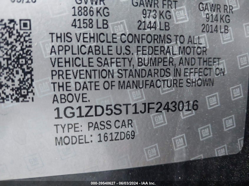 2018 Chevrolet Malibu Lt VIN: 1G1ZD5ST1JF243016 Lot: 39548627
