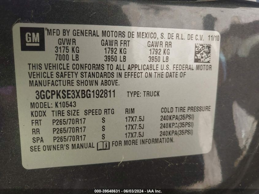 2011 Chevrolet Silverado 1500 Lt VIN: 3GCPKSE3XBG192811 Lot: 39548631