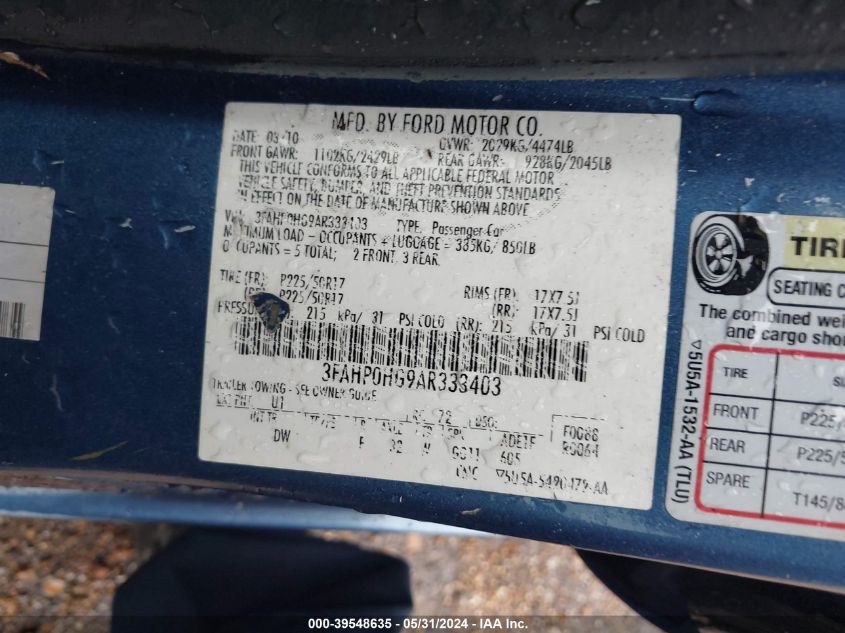 2010 Ford Fusion Se VIN: 3FAHP0HG9AR333403 Lot: 39548635