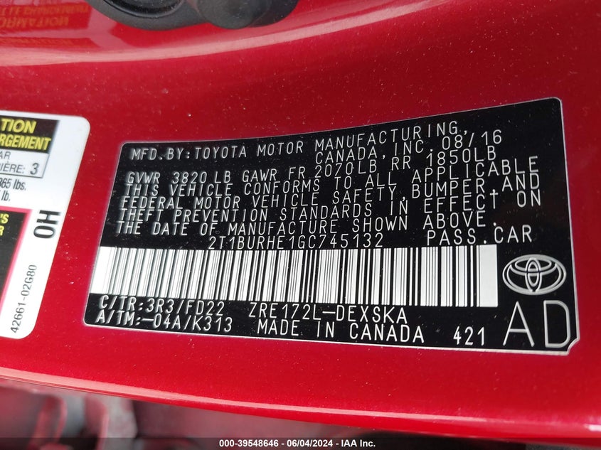 2016 Toyota Corolla S Plus VIN: 2T1BURHE1GC745132 Lot: 39548646