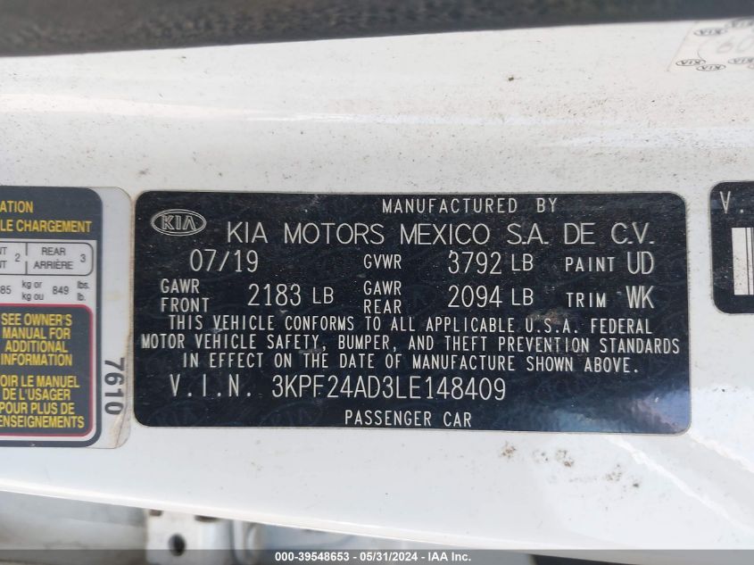 2020 Kia Forte Lxs VIN: 3KPF24AD3LE148409 Lot: 39548653