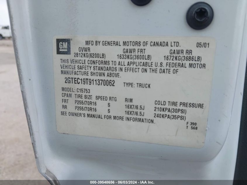 2001 GMC Sierra 1500 Sle VIN: 2GTEC19T911370062 Lot: 39548656