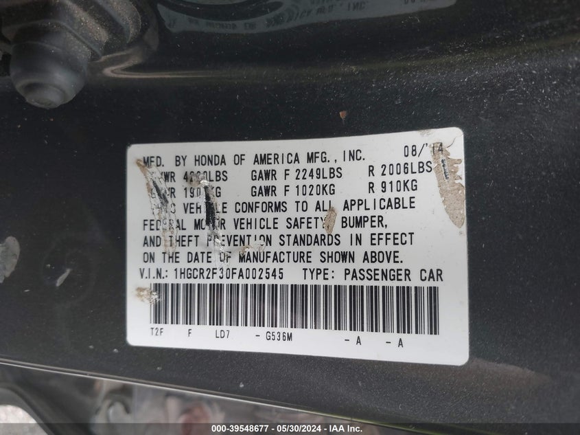2015 HONDA ACCORD VIN: 1HGCR2F30FA002545