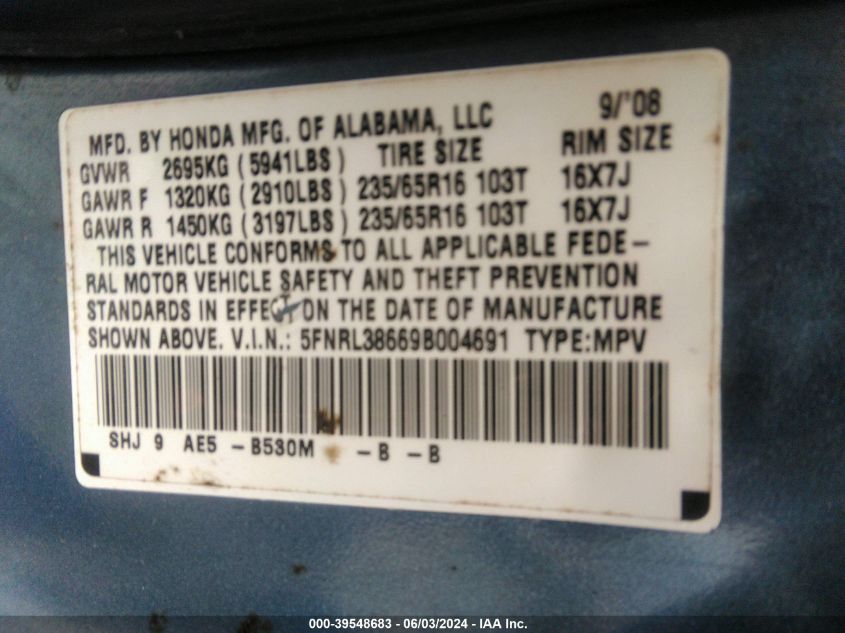 2009 Honda Odyssey Ex-L VIN: 5FNRL38669B004691 Lot: 39548683