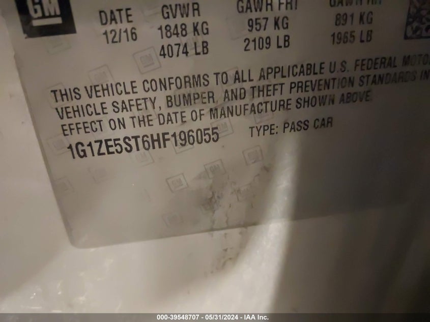 2017 Chevrolet Malibu 1Lt VIN: 1G1ZE5ST6HF196055 Lot: 39548707