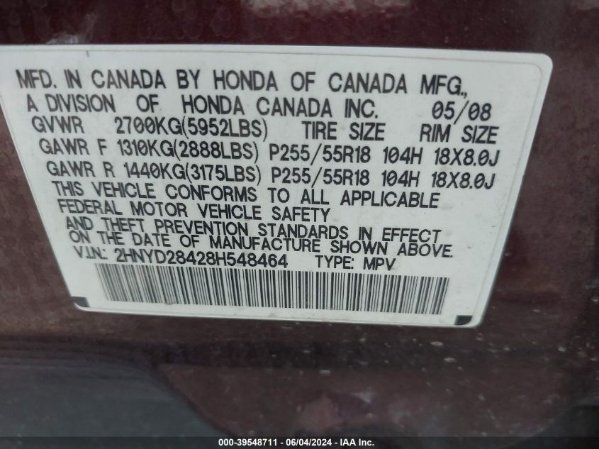2008 Acura Mdx Technology Package VIN: 2HNYD28428H548464 Lot: 39548711