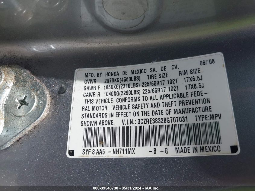 2008 Honda Cr-V Lx VIN: 3CZRE38328G707031 Lot: 39548730