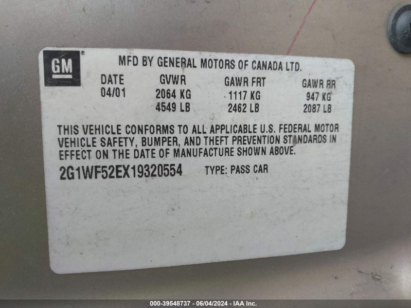 2001 Chevrolet Impala VIN: 2G1WF52EX19320554 Lot: 39548737