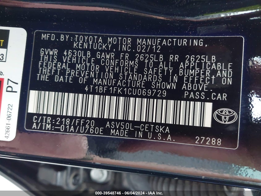 2012 Toyota Camry Se VIN: 4T1BF1FK1CU069729 Lot: 39548746