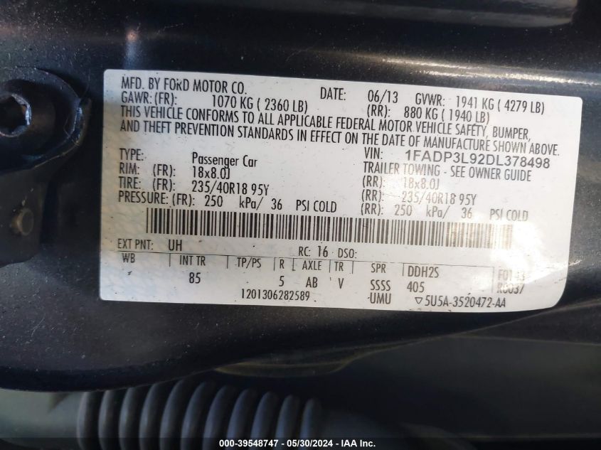 2013 Ford Focus St VIN: 1FADP3L92DL378498 Lot: 39548747