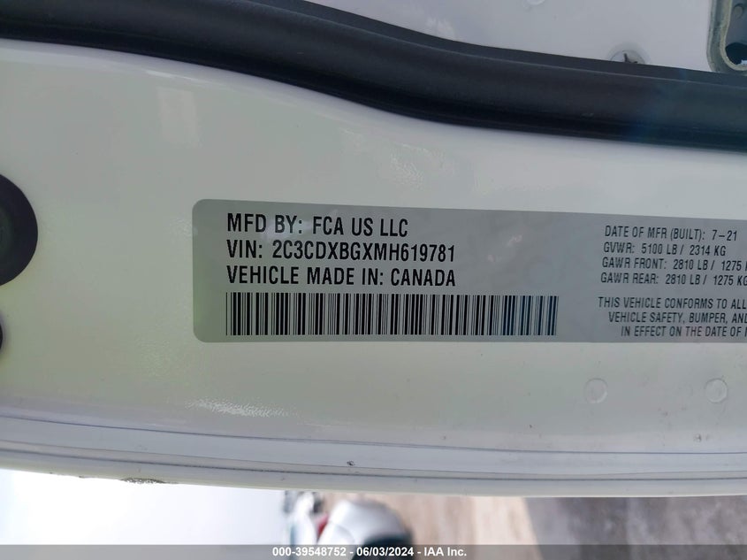 2021 Dodge Charger Sxt Rwd VIN: 2C3CDXBGXMH619781 Lot: 39548752