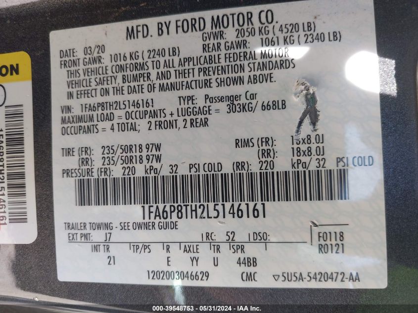 2020 Ford Mustang Ecoboost Fastback VIN: 1FA6P8TH2L5146161 Lot: 39548753