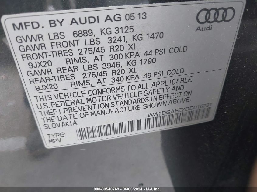 2013 Audi Q7 3.0T S Line Prestige VIN: WA1DGAFE2DD016781 Lot: 39548769