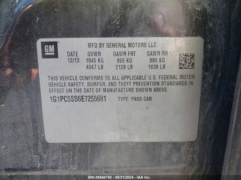 2014 Chevrolet Cruze 1Lt Auto VIN: 1G1PC5SB6E7255681 Lot: 39548780