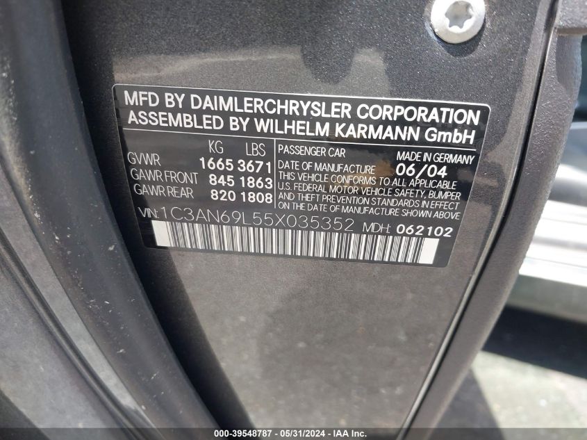 2005 Chrysler Crossfire Limited VIN: 1C3AN69L55X035352 Lot: 39548787