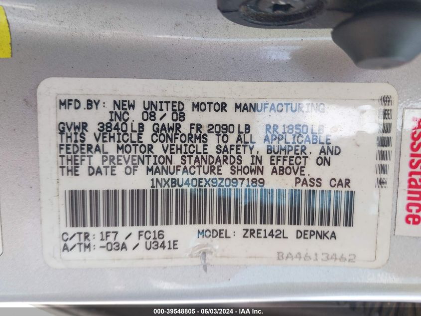 2009 Toyota Corolla Xle VIN: 1NXBU40EX9Z097189 Lot: 39548805